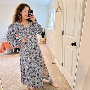 Floret Studios Blue Floral Long Sleeve Maxi Dress Medium